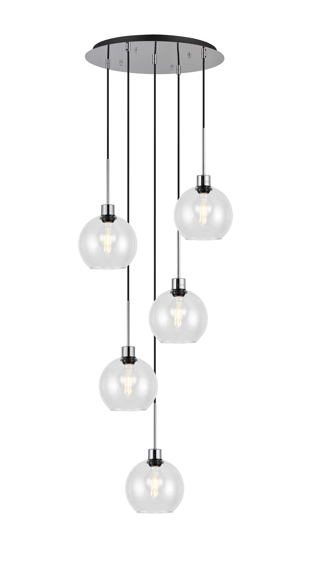 DK1286  Lori cm Round Pendant, 5 Light Adjustable E27, Polished Chrome/Clear Open Mouth Round Globe Shades